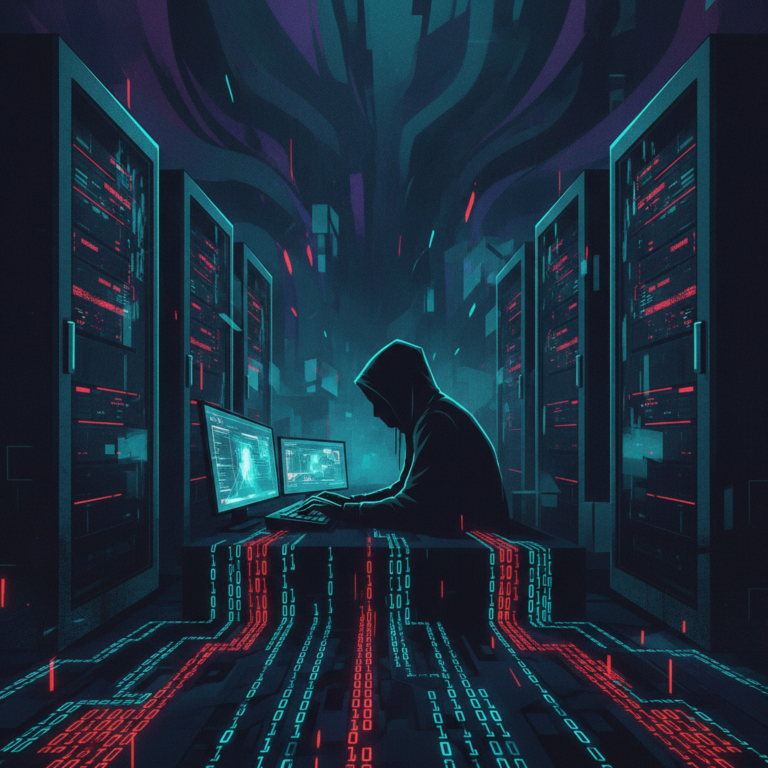 Stylized illustration of a hooded hacker silhouette in front of server racks with green and red data streams, serving as a symbolic image for the alleged ShinyHunters hack.
