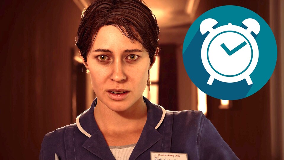 Krankenschwester Zoe in Silent Hill Townfall vor einem Uhren-Symbol, das für die Spielzeit des Spiels steht