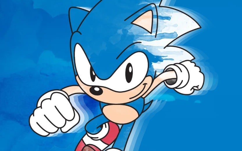 Stilisierte Illustration von Sonic the Hedgehog, der schnell nach vorne läuft, im typischen blauen Comic-Look