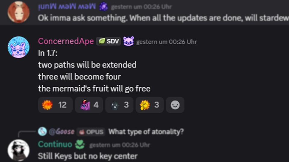 Screenshot of ConcernedApe's cryptic Discord hint for Stardew Valley Update 1.7