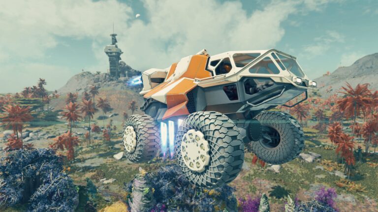 Screenshot from Starfield: An all-terrain vehicle flies over an alien planet surface with red vegetation.