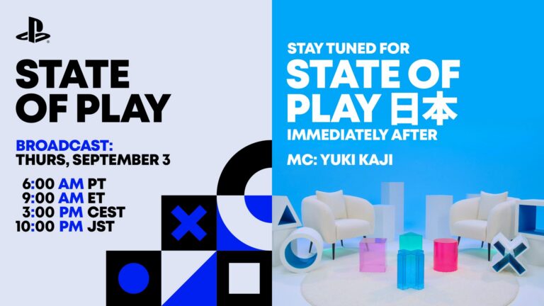Offizielle PlayStation-Grafik zur State of Play und State of Play Japan am 3. September mit Sendezeiten 6:00 AM PT, 9:00 AM ET, 15:00 CEST und 22:00 JST