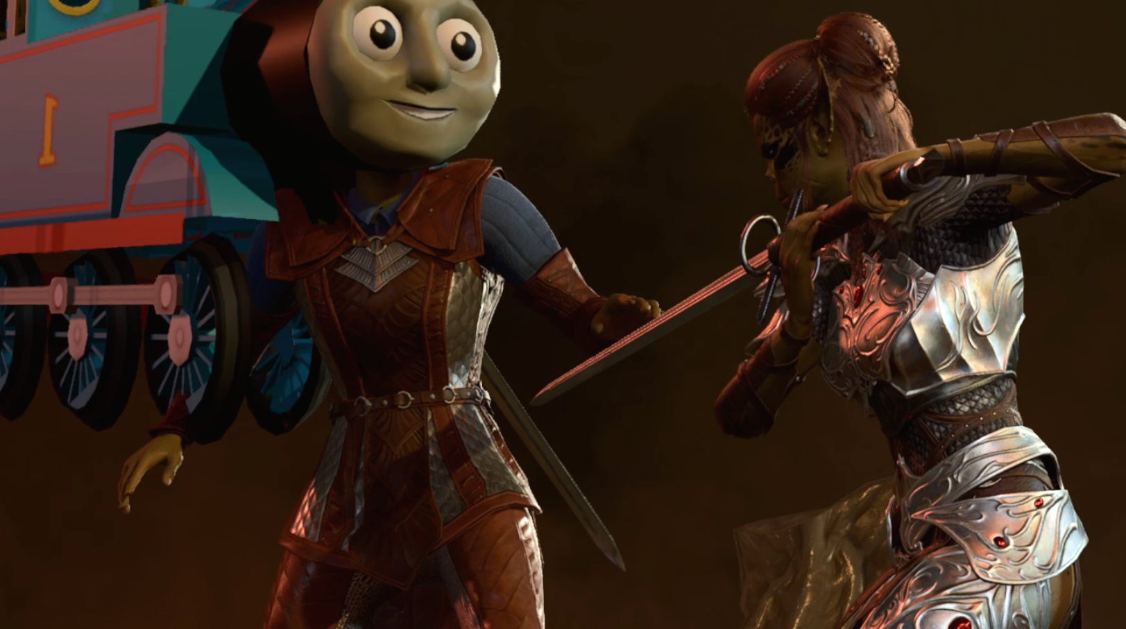 Skurriler Mod-Screenshot aus einem Rollenspiel: Ein Charakter mit dem Kopf der Zeichentrickfigur Thomas die kleine Lokomotive kämpft gegen eine gerüstete Gegnerin
