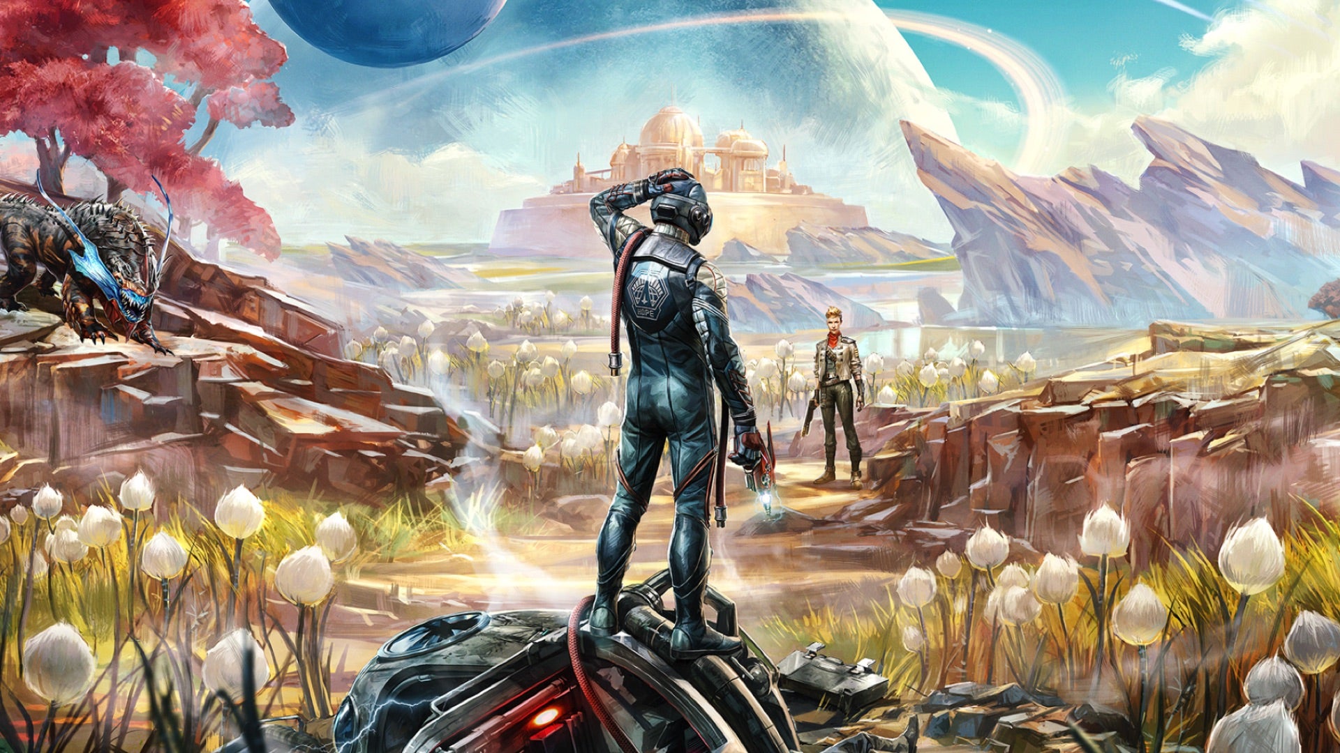 Key art for The Outer Worlds featuring two astronauts against an alien planetary landscape with a ringed planet in the sky