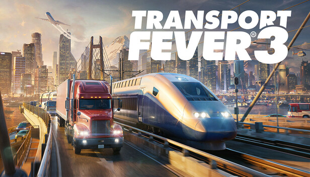 Official key art for Transport Fever 3 featuring a truck, high-speed train, and city skyline in the background.