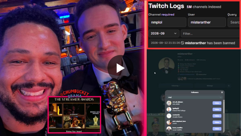 Screenshot mit Foto von Nmplol und MisterArther sowie Twitch-Log, der den Bann von MisterArther dokumentiert