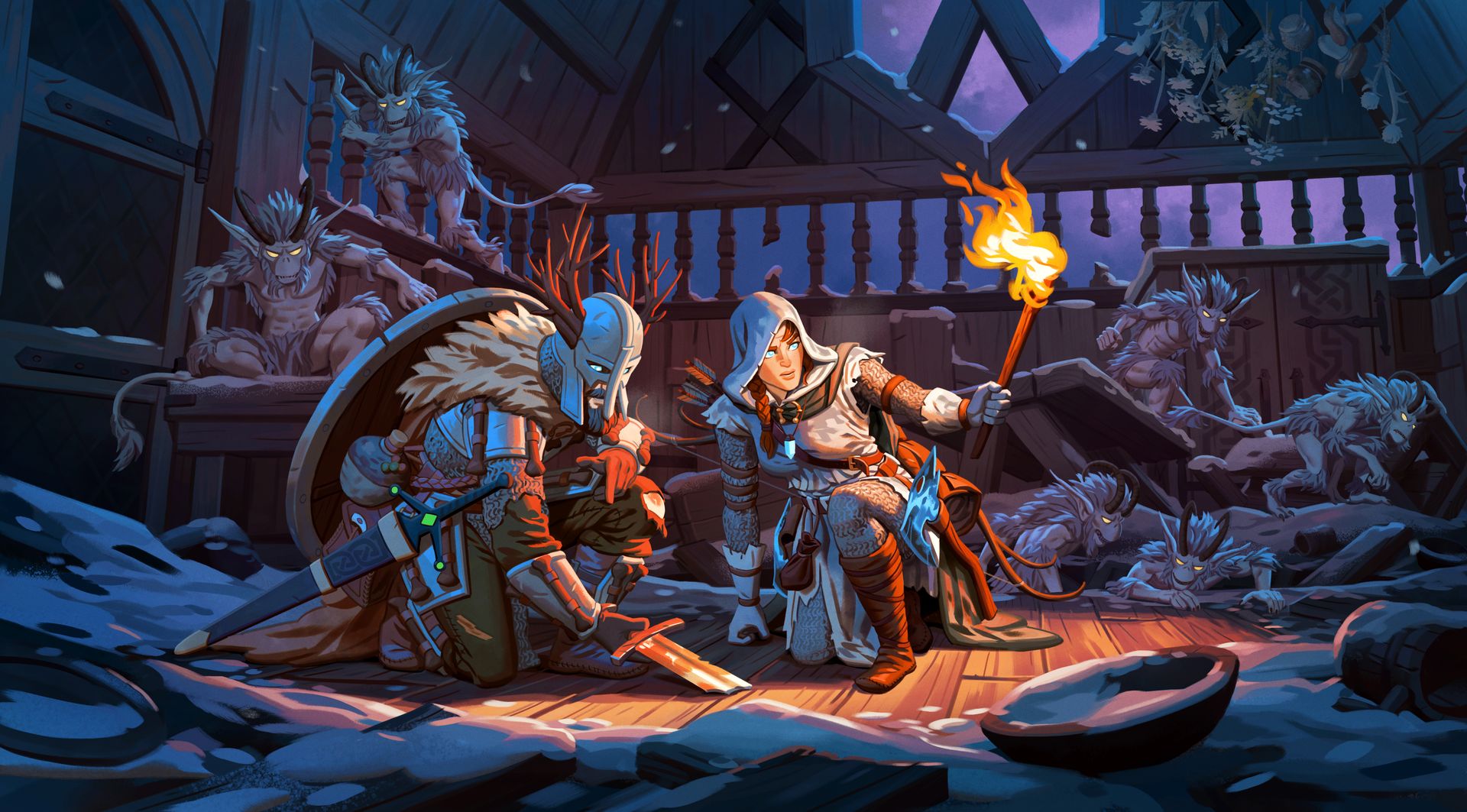 Key-Art zum Deep-North-Biom von Valheim mit Wikinger-Charakter in verschneiter, eisiger Landschaft