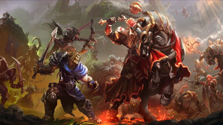 Artwork for the new Warcraft 3 campaign Forsaken Kingdom: A fighter and an archer confront an armored rider and undead creatures.