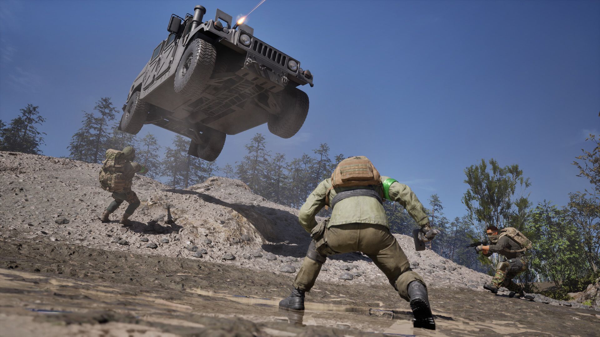 Wardogs-Gameplay-Screenshot: Soldaten decken sich hinter einem umgekippten Humvee
