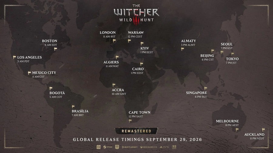 Übersicht der weltweiten Release-Zeiten von The Witcher 3 Remastered