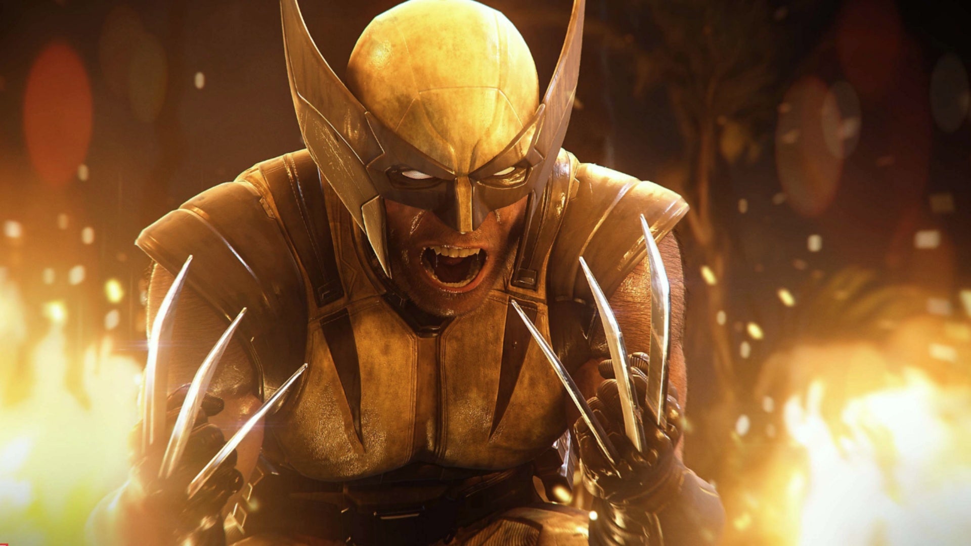Wolverine brüllt kämpferisch mit ausgefahrenen Krallen vor Flammenhintergrund