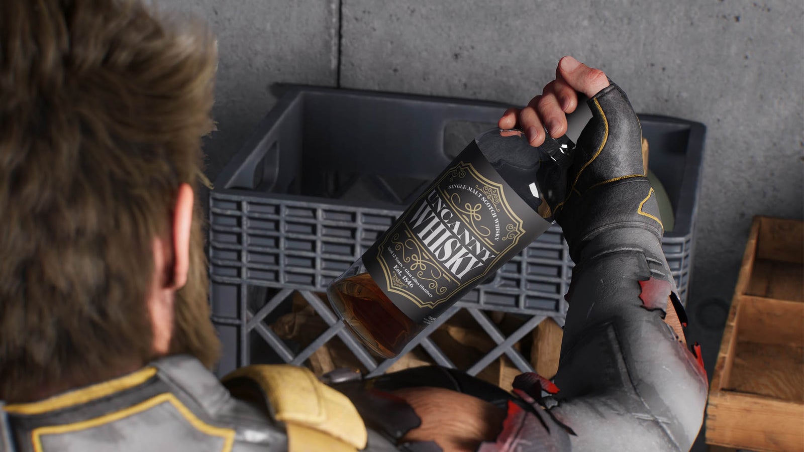 Eine Whiskey-Flasche mit Duftspur-Effekt in Marvel's Wolverine, die sich nun deaktivieren lässt
