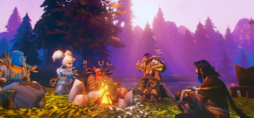 Gameplay scene from World of Warcraft: Forever – characters sit by a campfire in a Vanilla zone