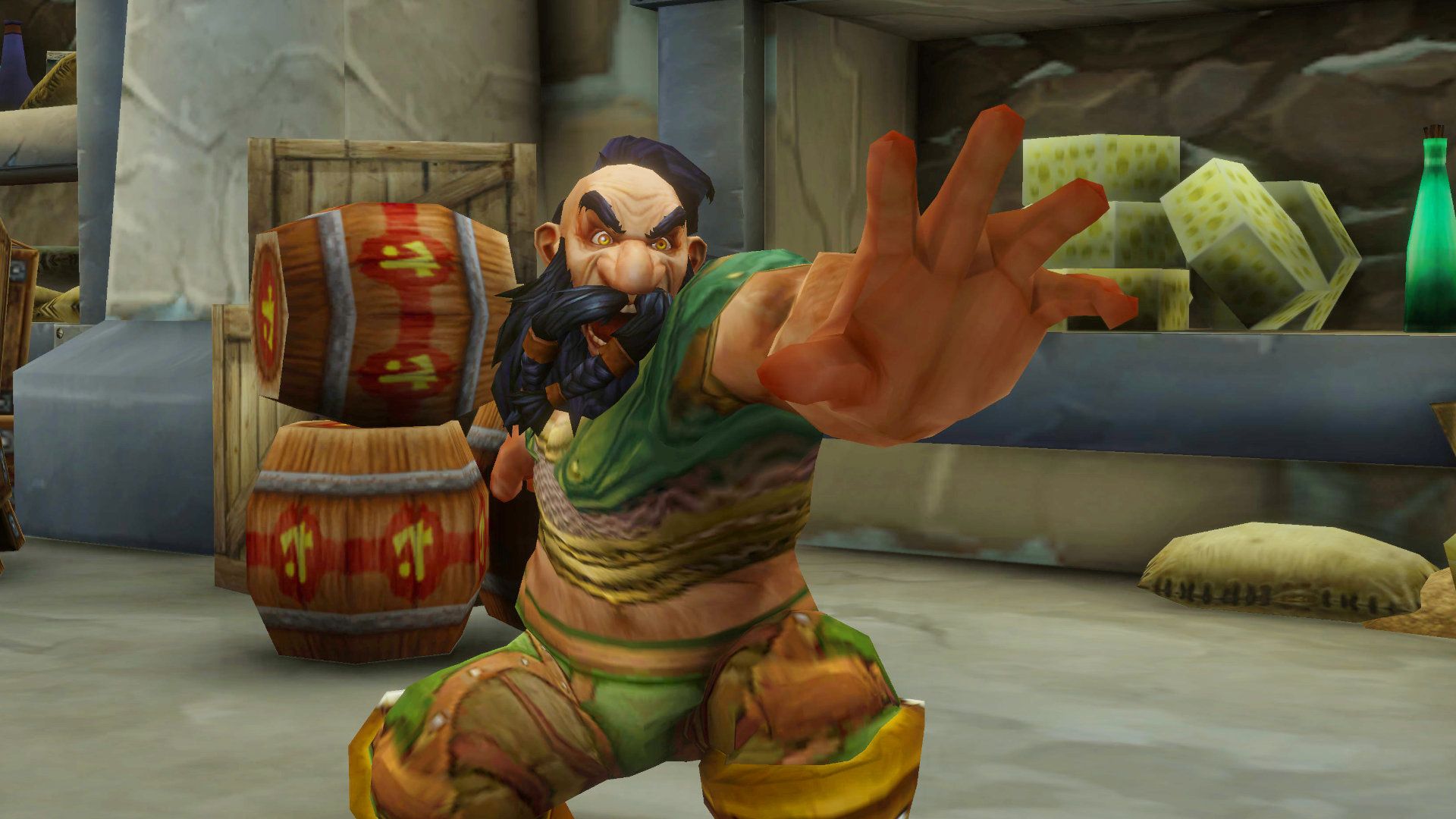 Grinsender Goblin-Charakter in einer Taverne in World of Warcraft: Forever