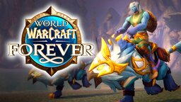 Logo-Artwork zu World of Warcraft: Forever mit berittenen Charakteren im Hintergrund