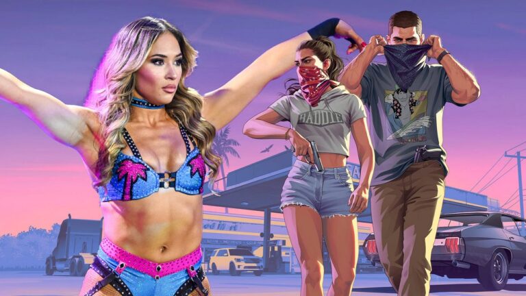 Image montage: WWE wrestler Lola Vice against the backdrop of the official GTA 6 artwork featuring the main characters Lucia and Jason from Rockstar Games