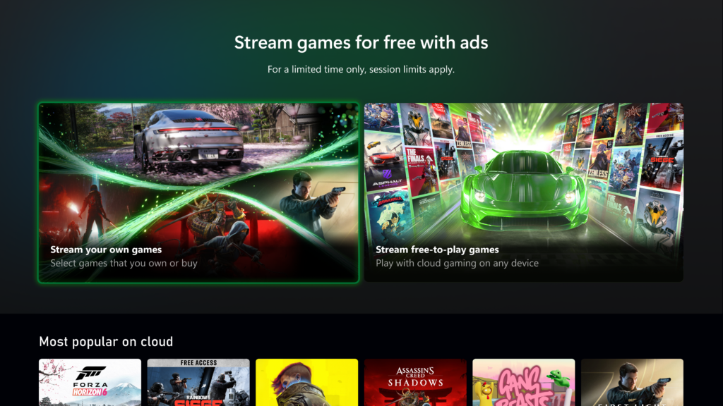 Screenshot der Xbox-Oberfläche mit dem Hinweis 'Stream games for free with ads' für werbefinanziertes Cloud-Gaming