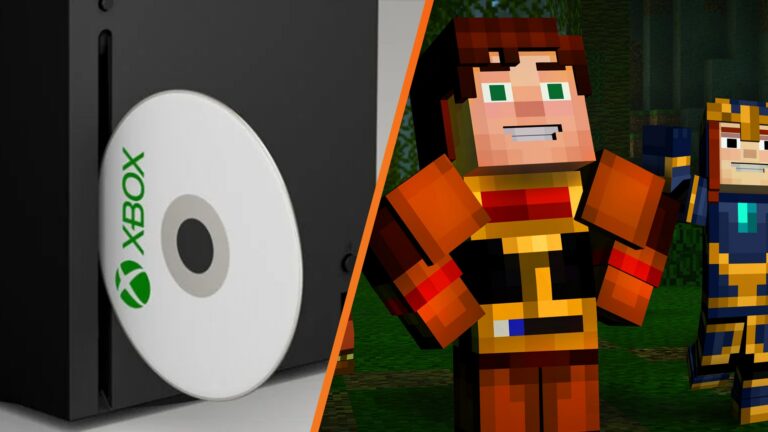 Xbox disc being inserted into an Xbox Series X, next to a scene from a Minecraft game