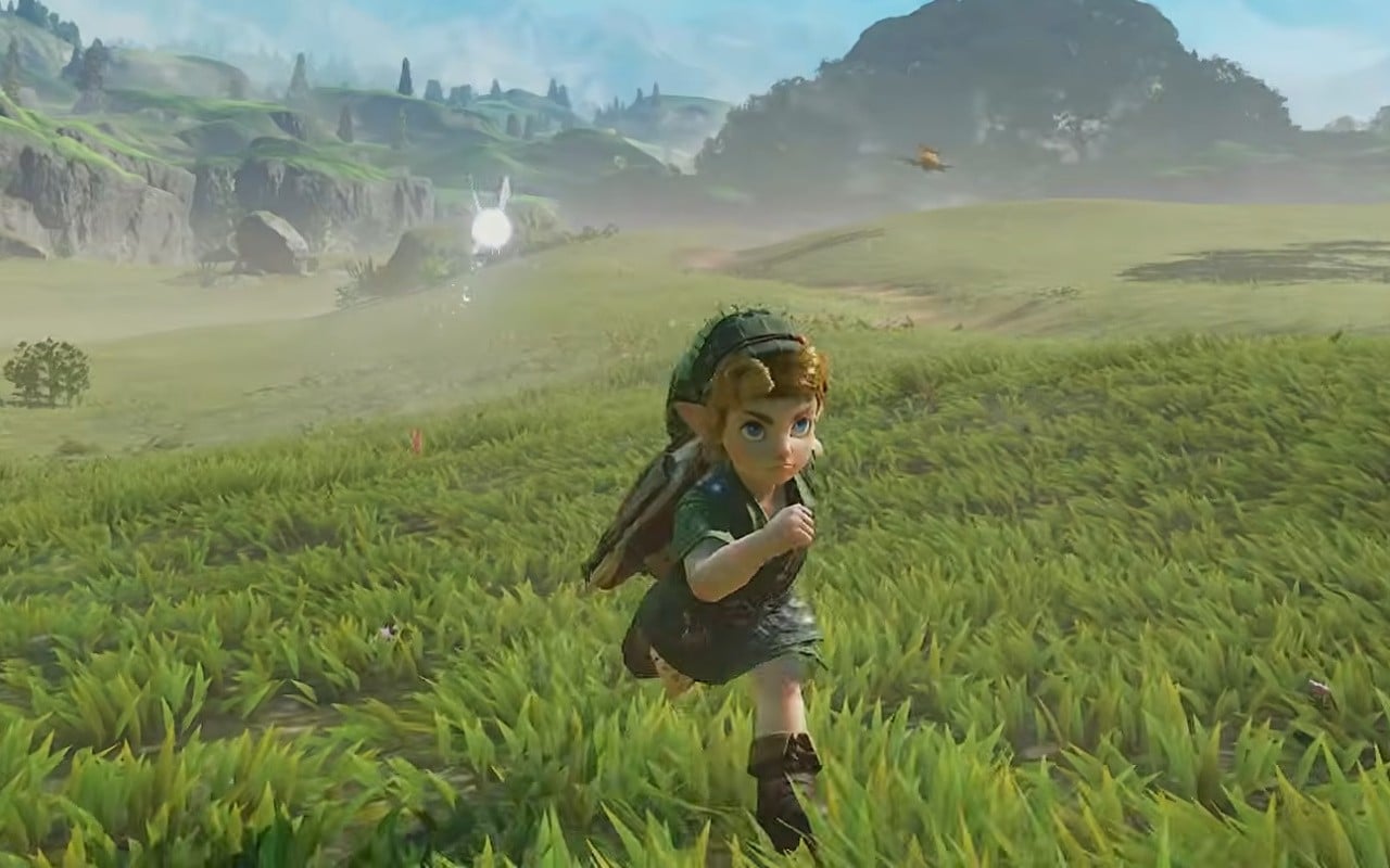 Der junge Link läuft über die Wiesen von Hyrule im Switch-2-Remake von Zelda: Ocarina of Time