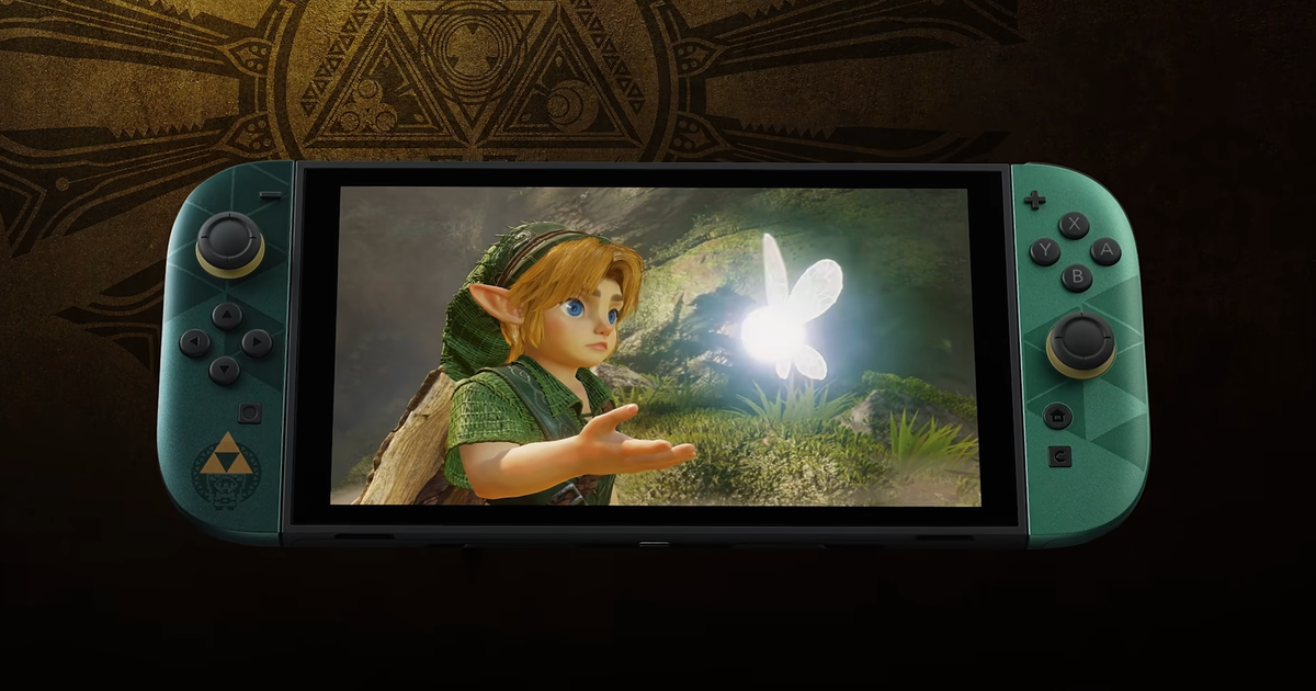 Die Nintendo Switch 2 in der Zelda 40th Anniversary Sonderedition mit goldenem Design und Link-Artwork auf dem Bildschirm