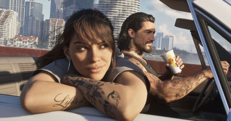Lucia and Jason sitting in a convertible in front of the Vice City skyline, scene from GTA 6