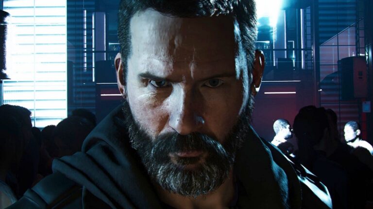 Close-up of a bearded soldier in a nightclub from Call of Duty