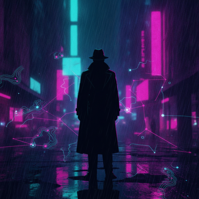 Stylized AI illustration of an agent in a trench coat on a rainy neon street, rendered in turquoise and pink hues.