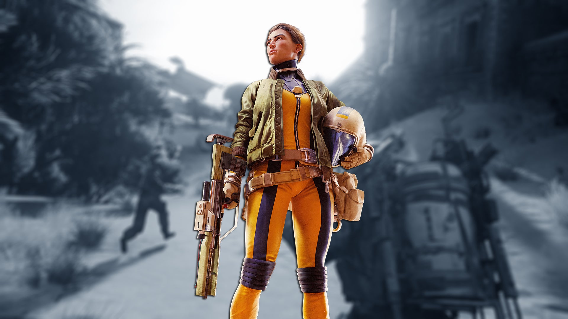 Raiderin in gelb-violettem Overall und grüner Jacke hält ein Gewehr und einen Helm in Arc Raiders