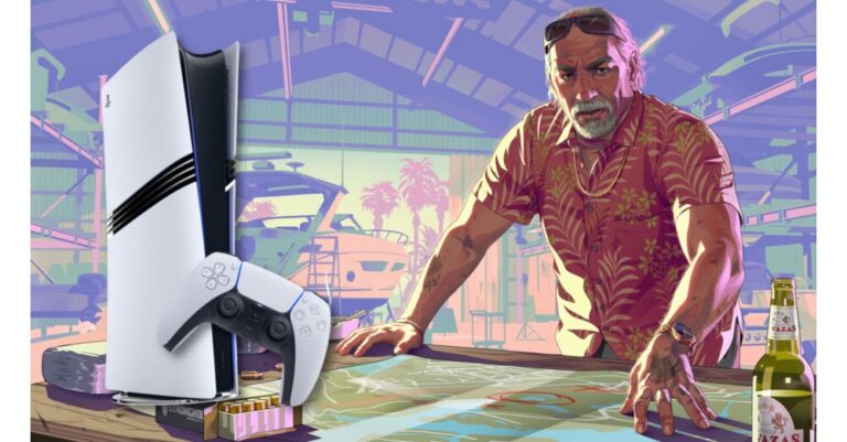 Montage of PlayStation 5 Pro console and GTA 6 artwork