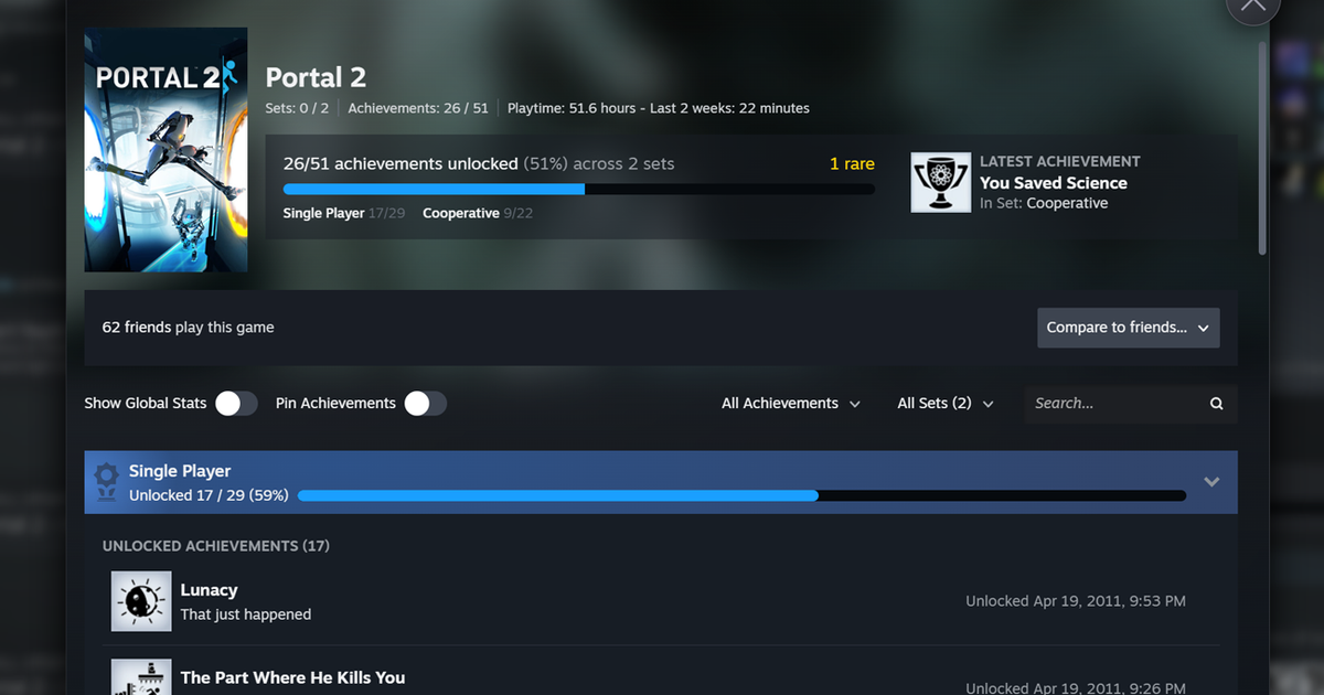 Steam-Erfolgsseite mit den neuen Achievement Sets von Valve