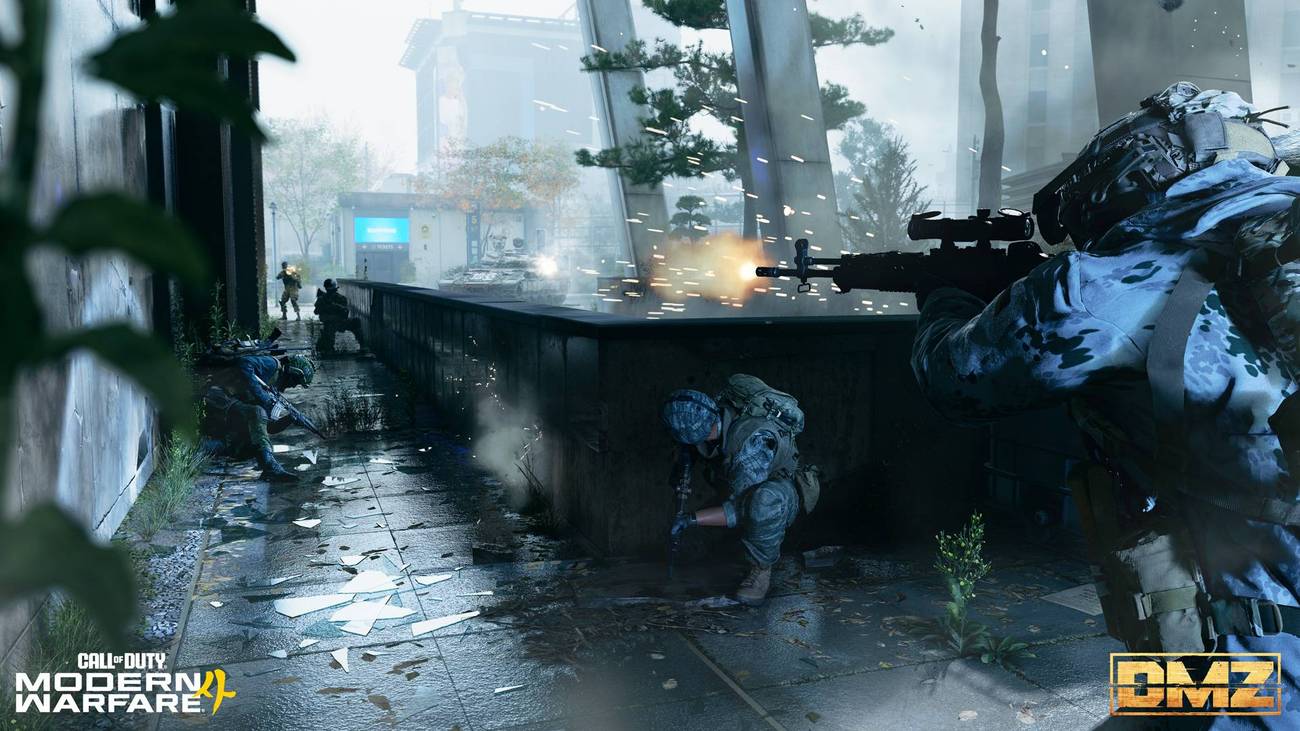 Soldiers engage in a firefight behind a wall in Modern Warfare 4's DMZ mode