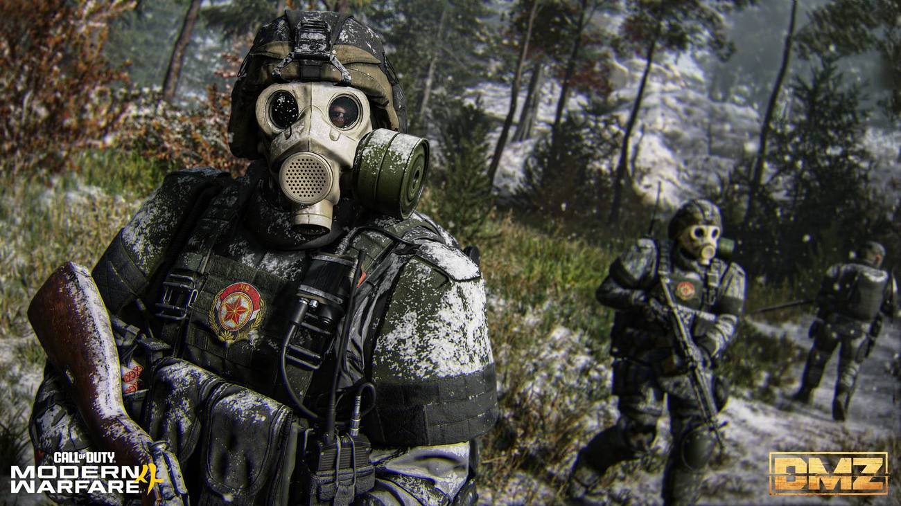 Soldiers in gas masks trudge through a snowy forest in Modern Warfare 4 DMZ