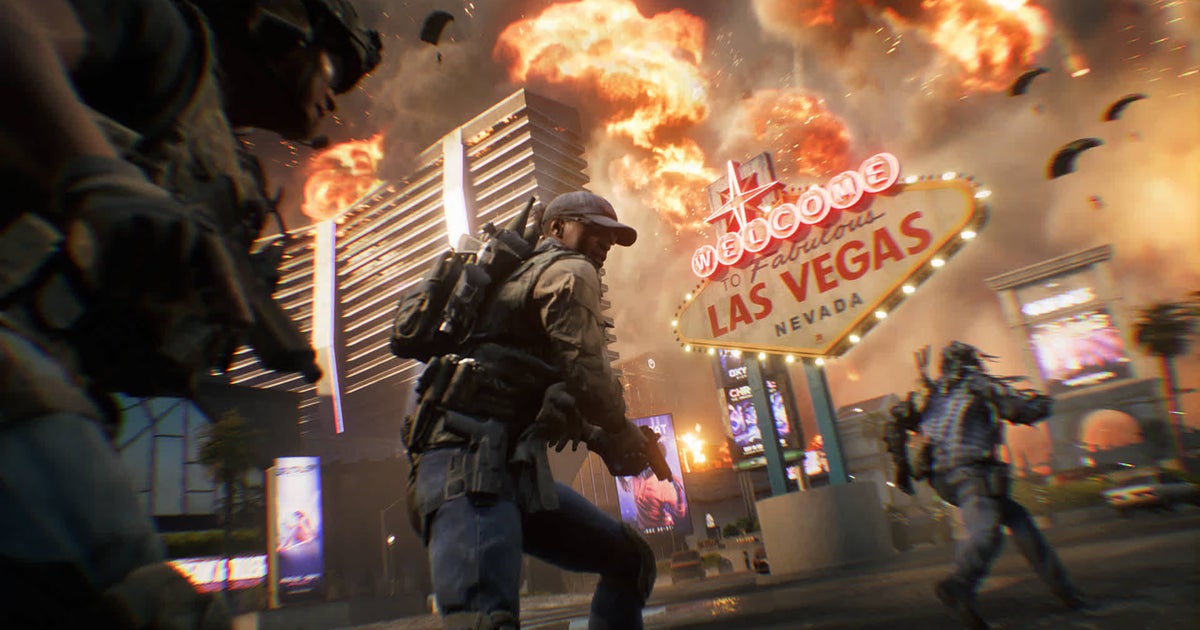 Soldaten laufen in Battlefield 6 vor dem Las-Vegas-Schild, im Hintergrund explodieren Hochhäuser