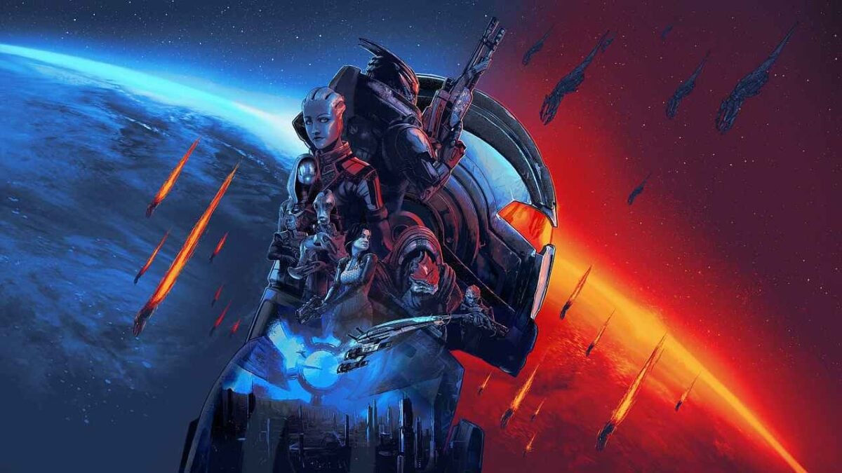 Offizielles Key-Art zur Mass Effect Legendary Edition: Crew-Mitglieder vor einem blauen Planeten und einem rot glühenden Himmel mit Reaper-Schiffen