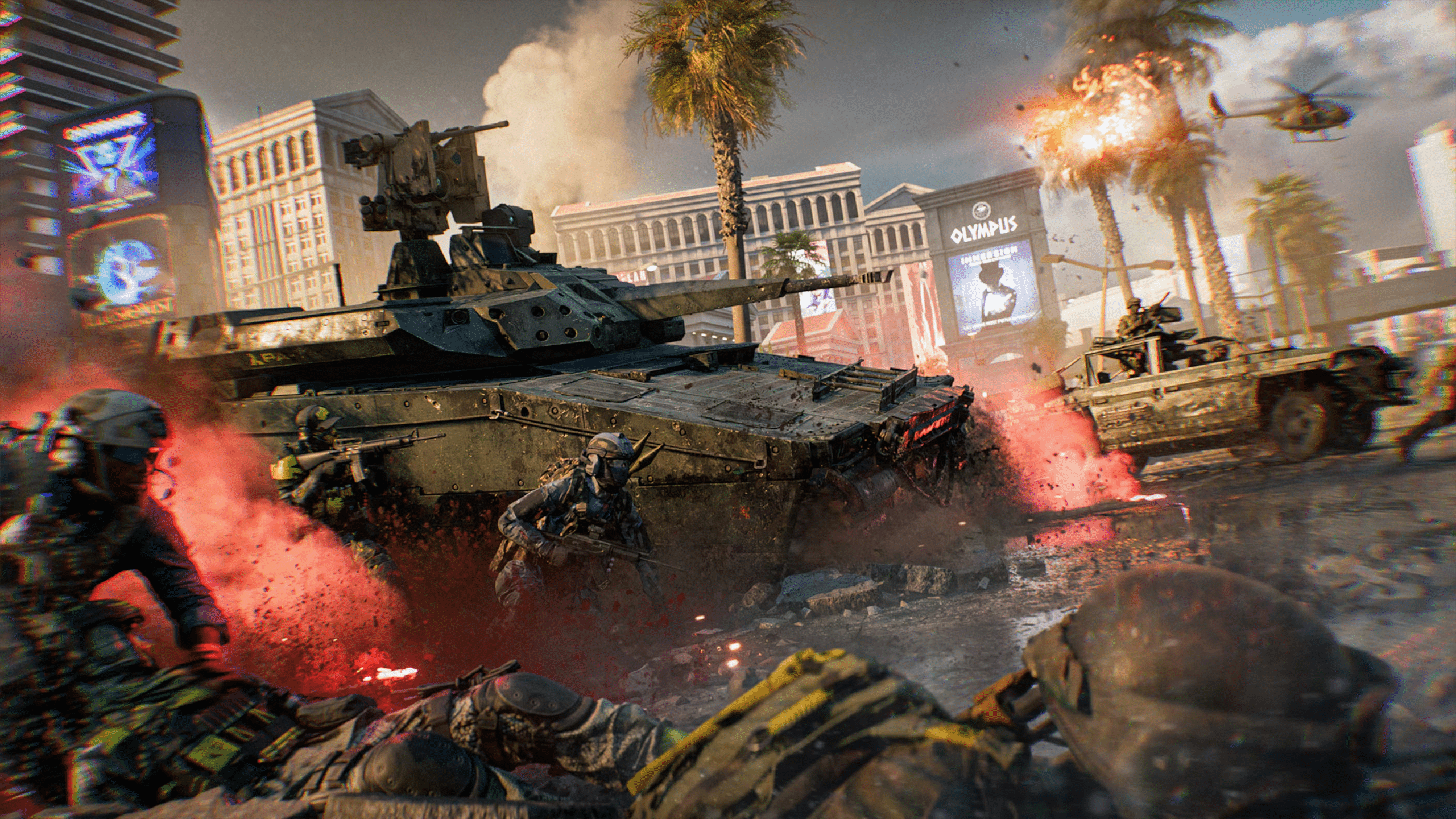 Kampfszene auf der Karte Vegas Strip in Battlefield 6 vor der beleuchteten Skyline von Las Vegas