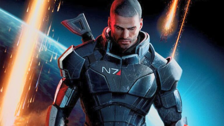 Commander Shepard in N7 armor in front of a burning planet from Mass Effect