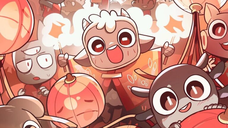 The red lamb from Cult of the Lamb in front of its cult encampment, coming soon to Switch 2