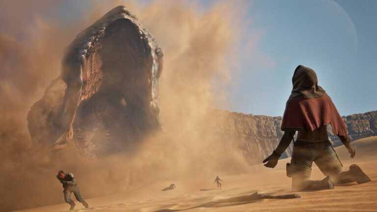 Artwork from Dune: Awakening featuring a character in the desert of Arrakis