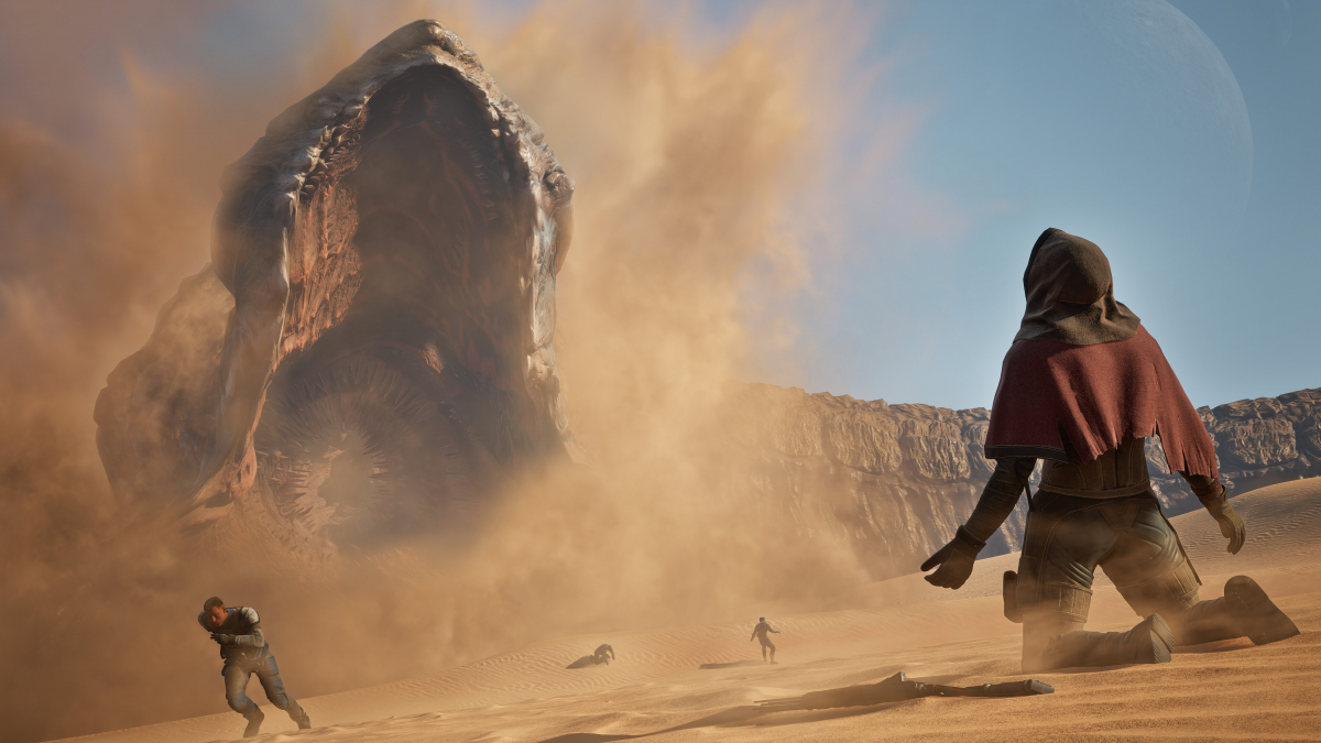 Artwork aus Dune: Awakening mit Spielfigur in der Wüste von Arrakis