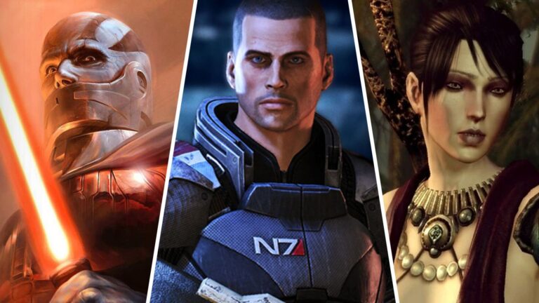 Collage mit Figuren aus BioWare-Spielen: ein Sith-Krieger mit Lichtschwert, Commander Shepard in N7-Rüstung und Morrigan aus Dragon Age