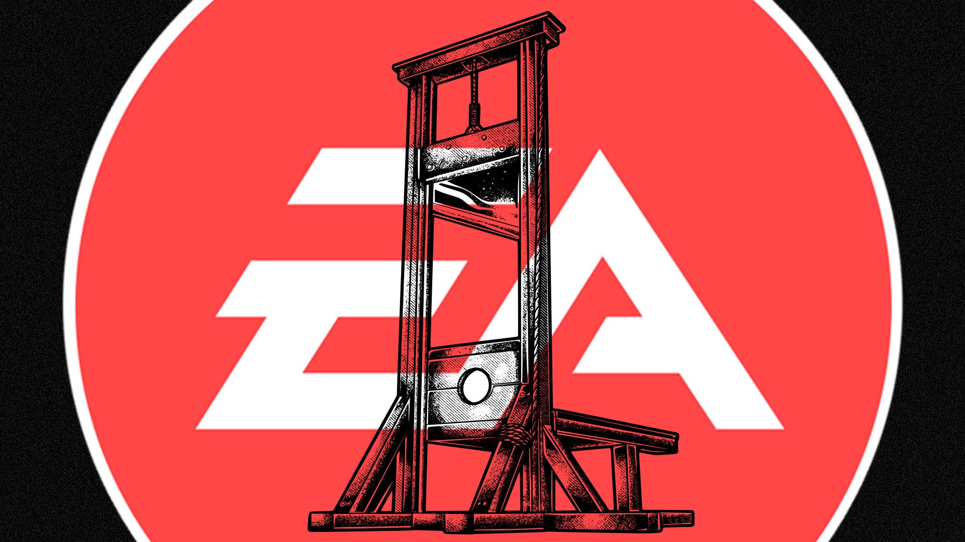 Illustration einer Guillotine vor dem roten EA-Logo als Sinnbild für die Kürzungen bei Electronic Arts