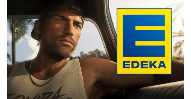 GTA 6 main character in a car next to the yellow and blue Edeka logo