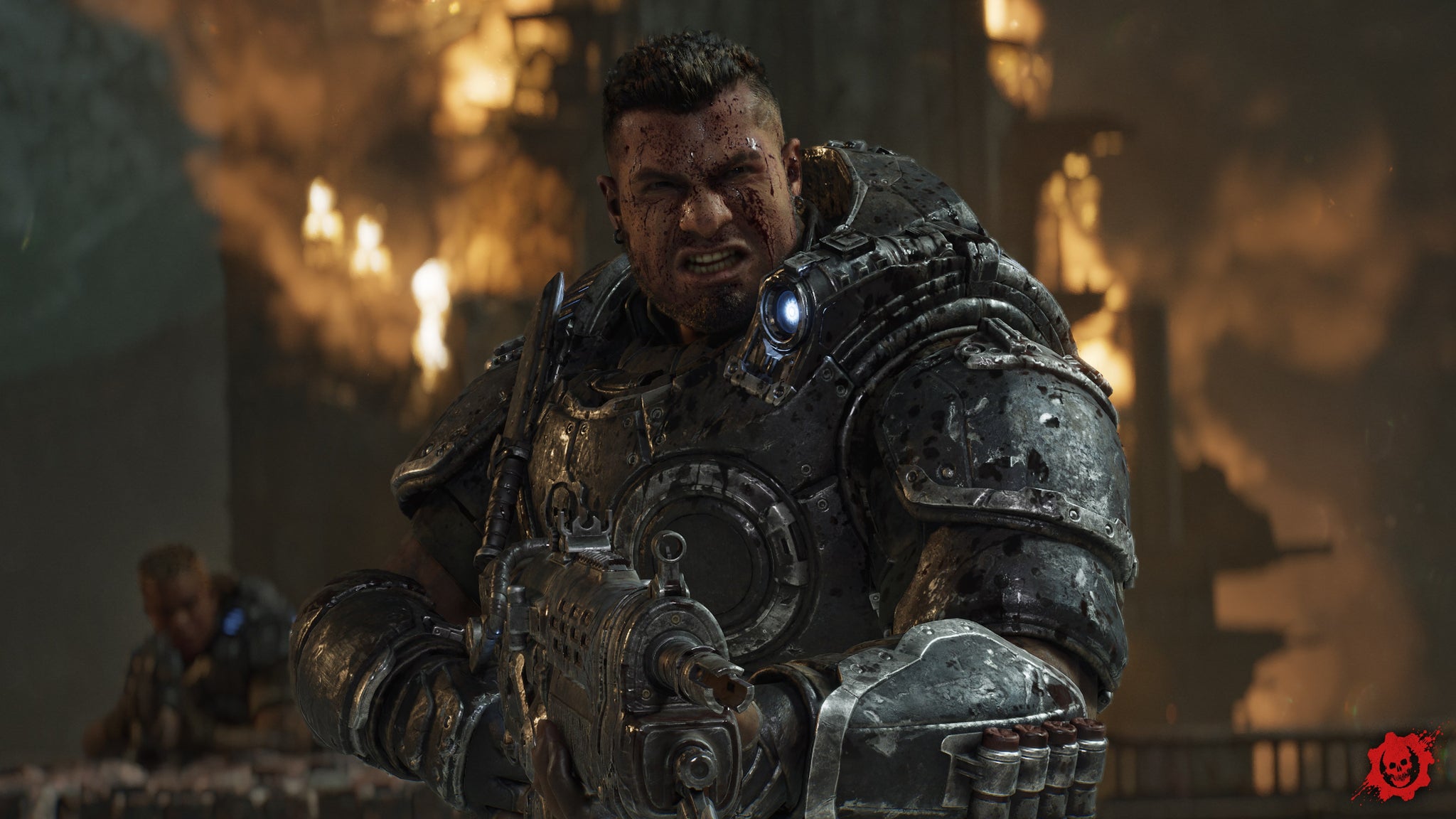 Gameplay scene from Gears of War: E-Day with soldiers fighting the Locust