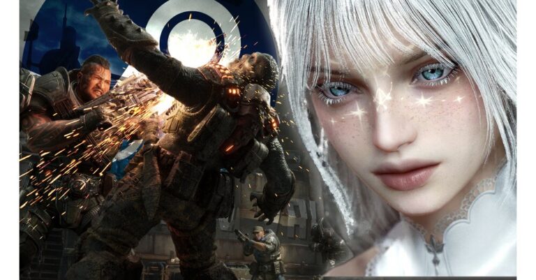 Soldiers fight an enemy in Gears of War: E-Day, next to a character from Aion 2 in front of the Steam logo