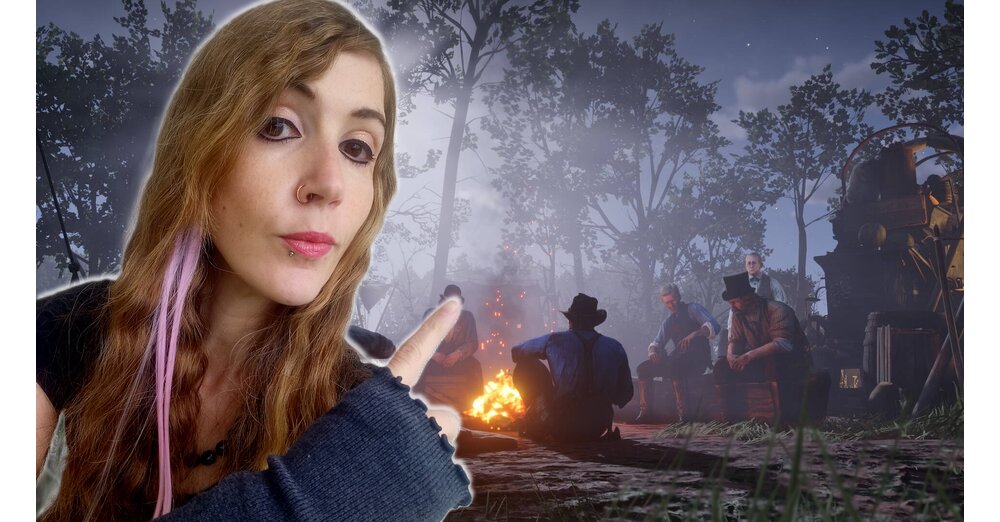 Screenshot from Red Dead Redemption 2 showing a camp of the Van der Linde gang