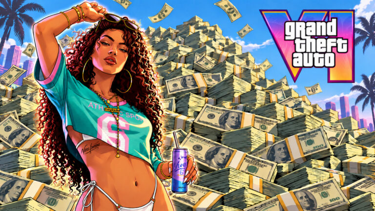 Artwork von PC Games zu GTA 6 mit dem GTA-VI-Logo, einer Frau in türkisem Shirt vor riesigen Geldstapeln