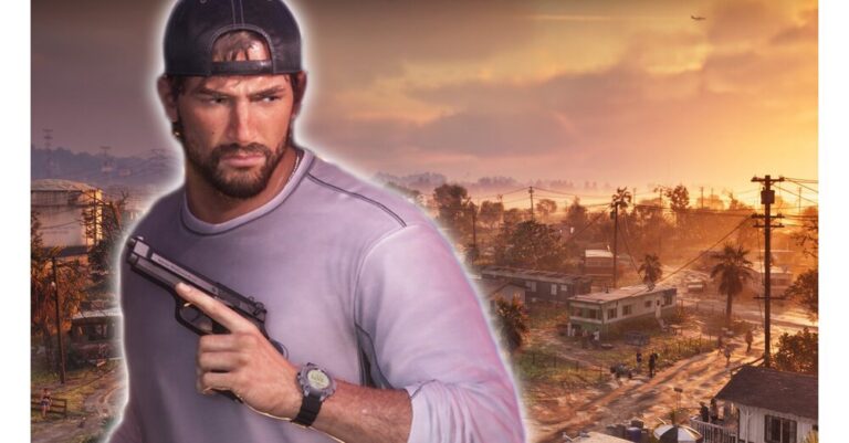 GTA 6 character with a baseball cap and pistol in front of a trailer park in orange evening light