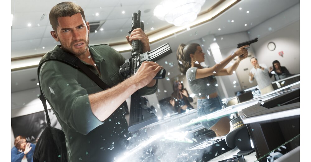Jason mit Sturmgewehr und Lucia mit Pistole bei einem Überfall in einem Juweliergeschäft in GTA 6