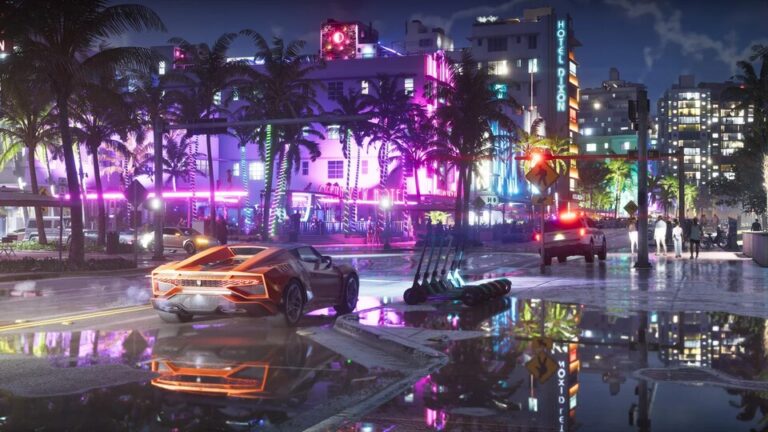 GTA 6: Sports car on a wet neon street in Vice City at night, the skyline reflecting in puddles