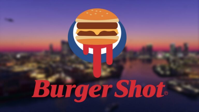 Burger-Shot-Logo mit Burger und tropfendem Ketchup vor verschwommener, abendlicher Skyline von Miami